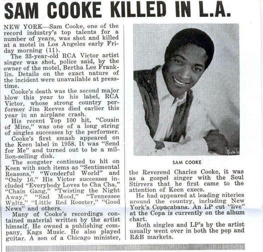 Article d'archive annonçant la mort de Sam Cooke en 1964